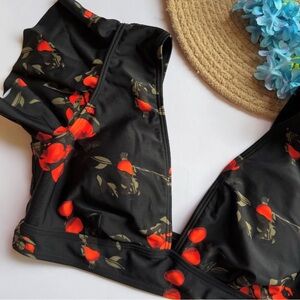 Cocoship Black and Orange Floral Tie-Front Swim Top